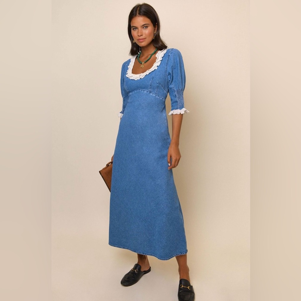 RIXO Blue Midi Dress with White Lace Trim